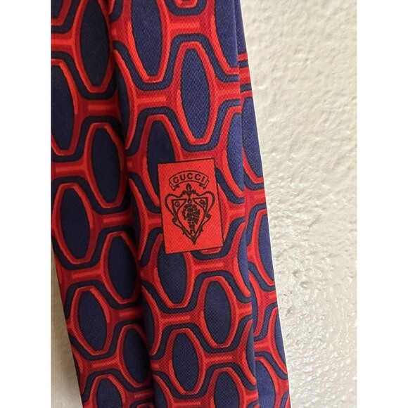 Gucci Red Blue Silk Tie All Over Print Oval Geometric - Picture 3 of 5